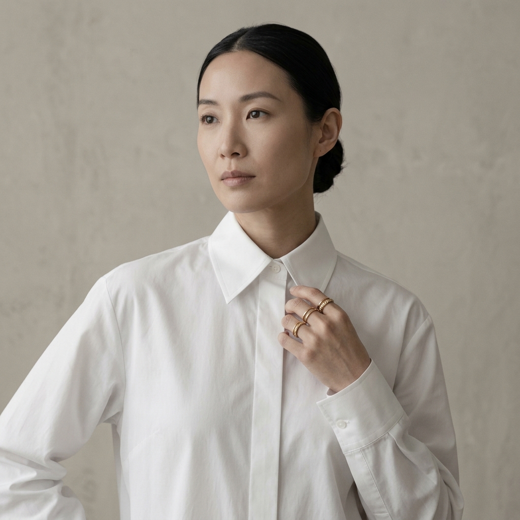 Model wearing a structured white shirt